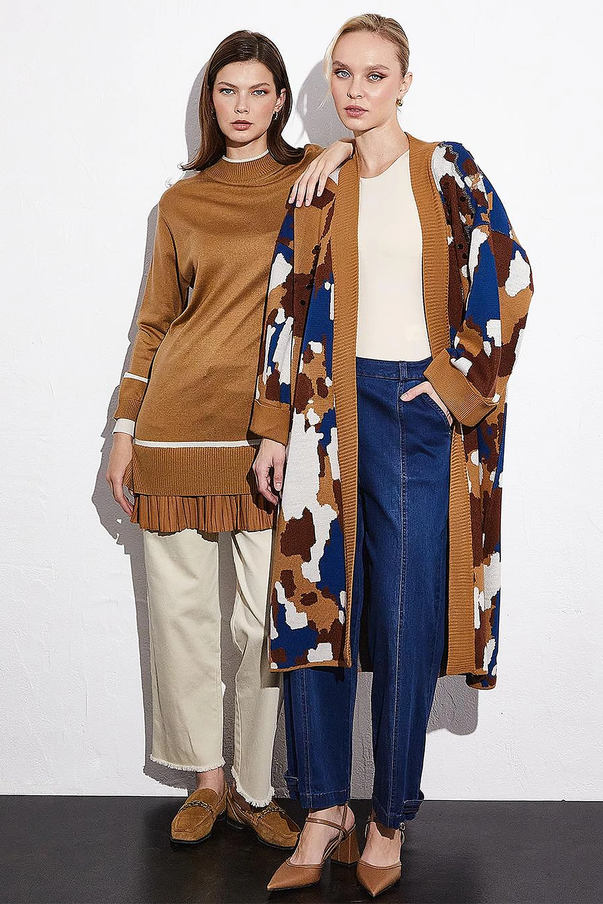 Color Block Desenli Triko Hırka Camel