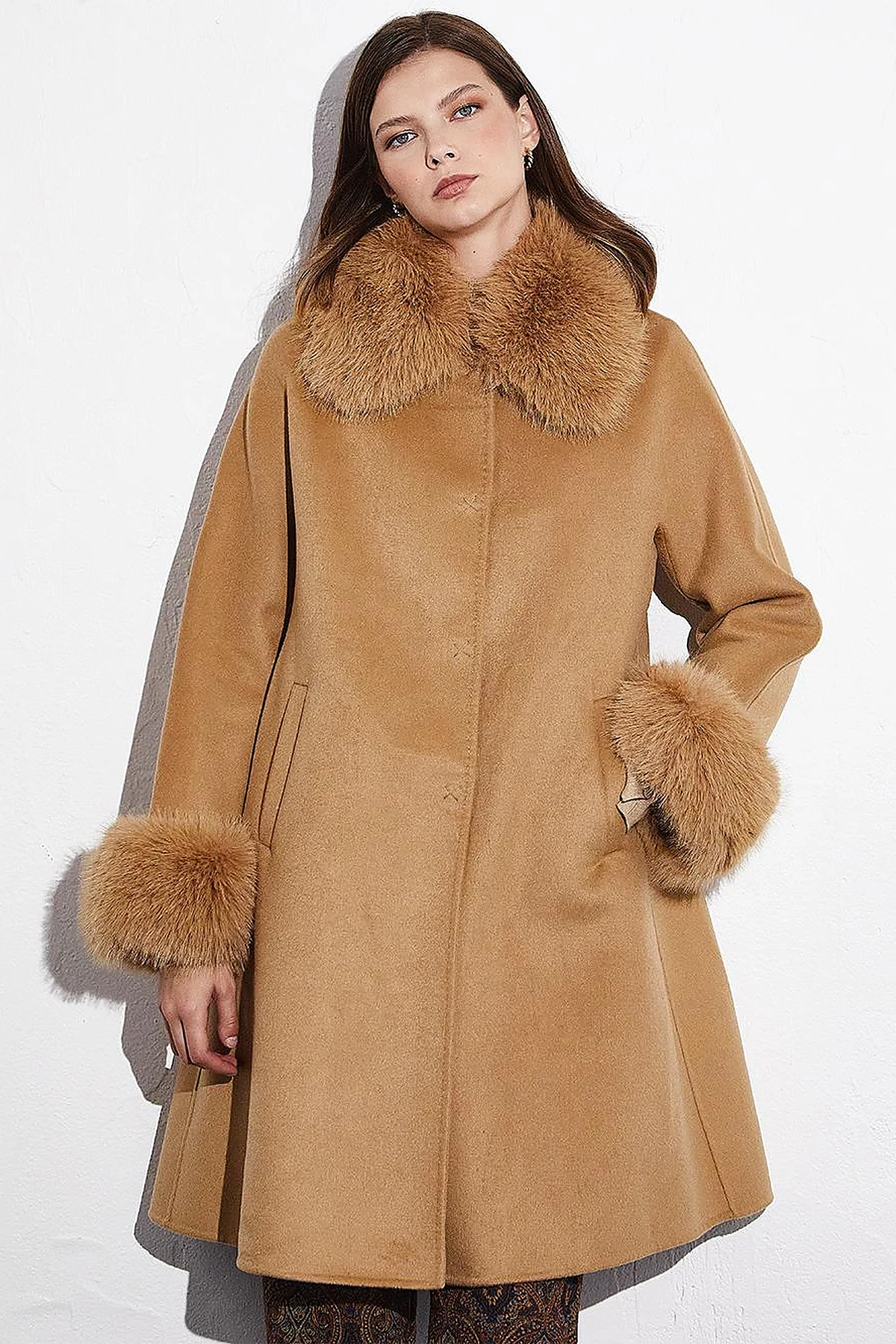 Premium Fur-Trimmed Coat in Camel