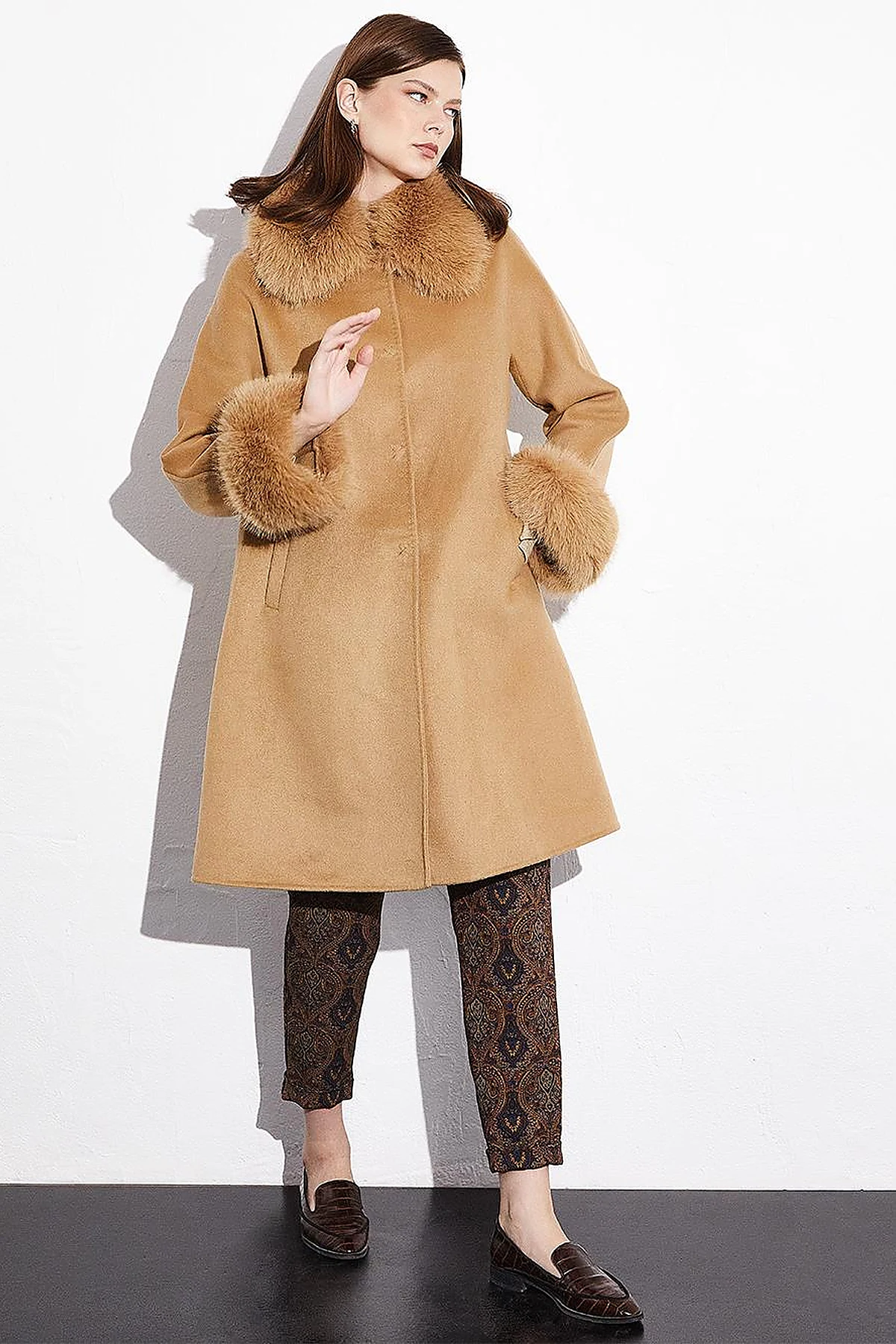 Premium Fur-Trimmed Coat in Camel