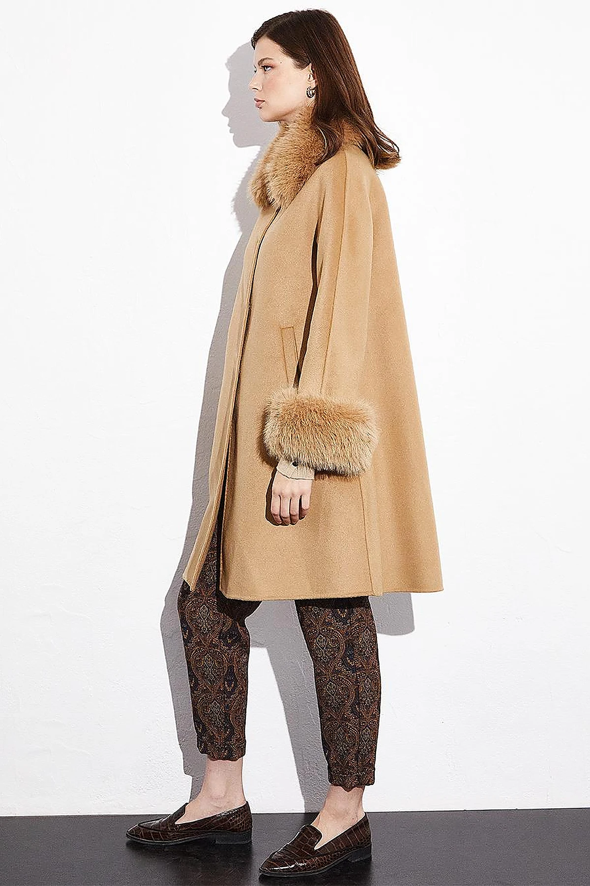 Premium Fur-Trimmed Coat in Camel