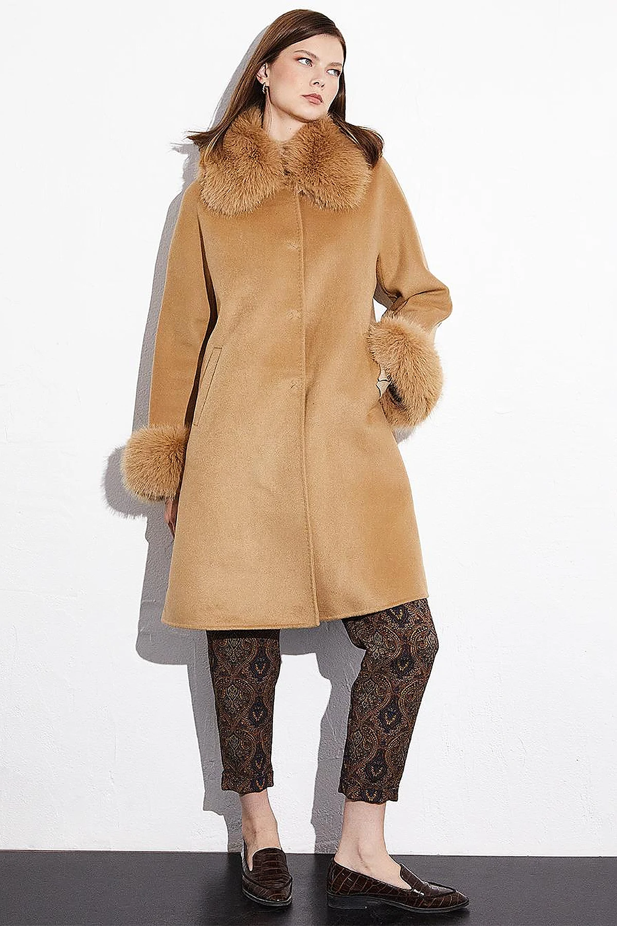 Premium Fur-Trimmed Coat in Camel