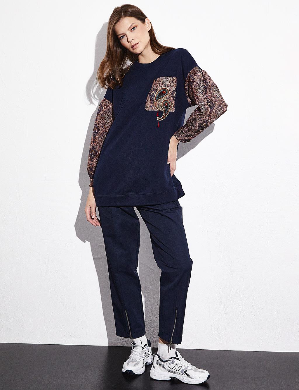 Ethnic Pattern Bead Embroidered Sweatshirt Dark Navy Blue