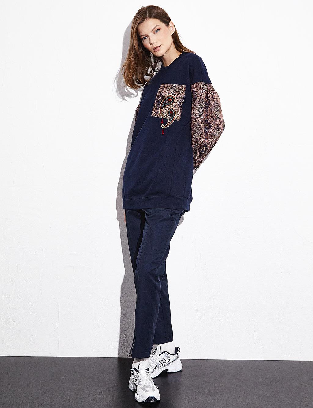 Ethnic Pattern Bead Embroidered Sweatshirt Dark Navy Blue