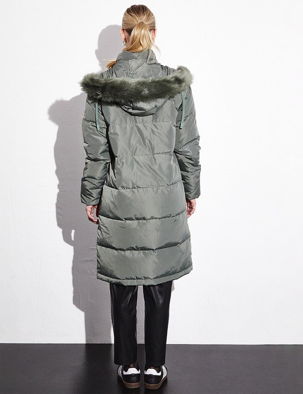 Quilted Stand Collar Hooded Fur Coat Mold Green
