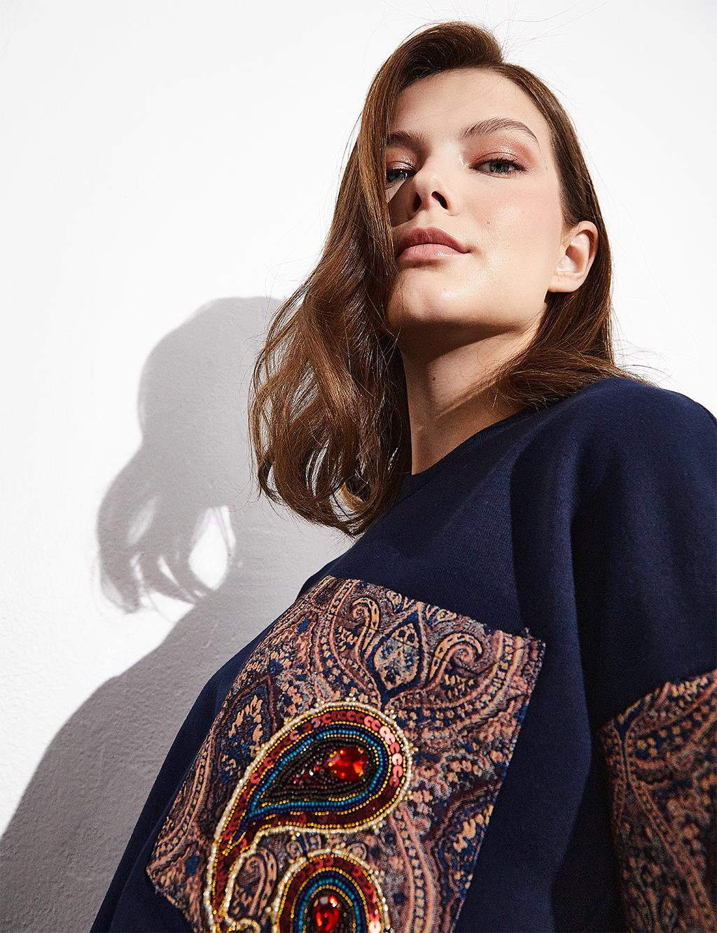 Ethnic Pattern Bead Embroidered Sweatshirt Dark Navy Blue