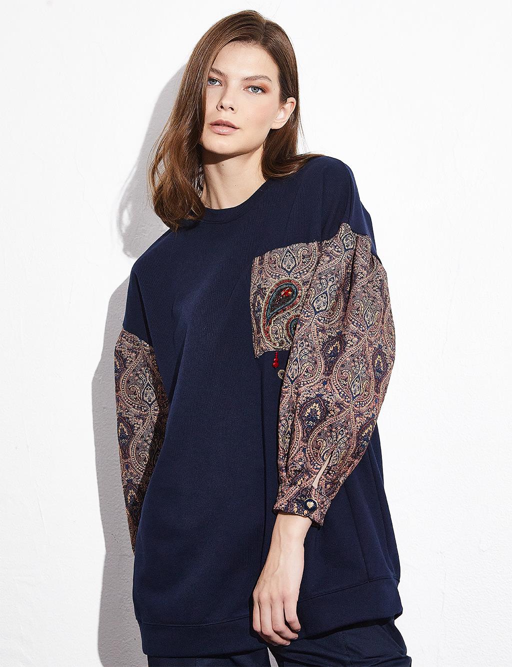 Ethnic Pattern Bead Embroidered Sweatshirt Dark Navy Blue