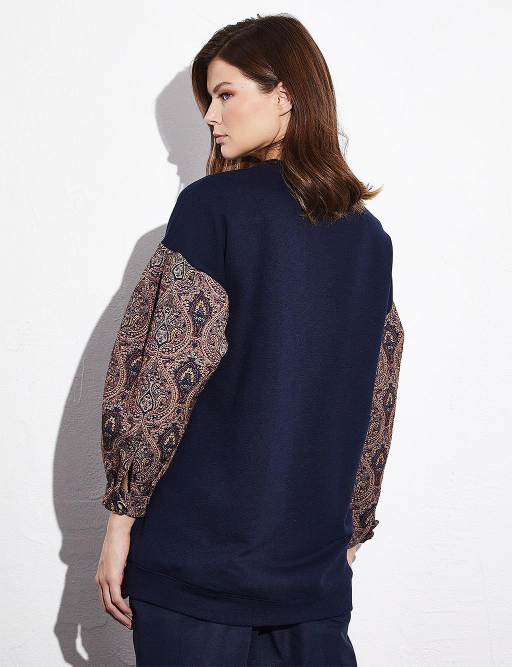 Ethnic Pattern Bead Embroidered Sweatshirt Dark Navy Blue