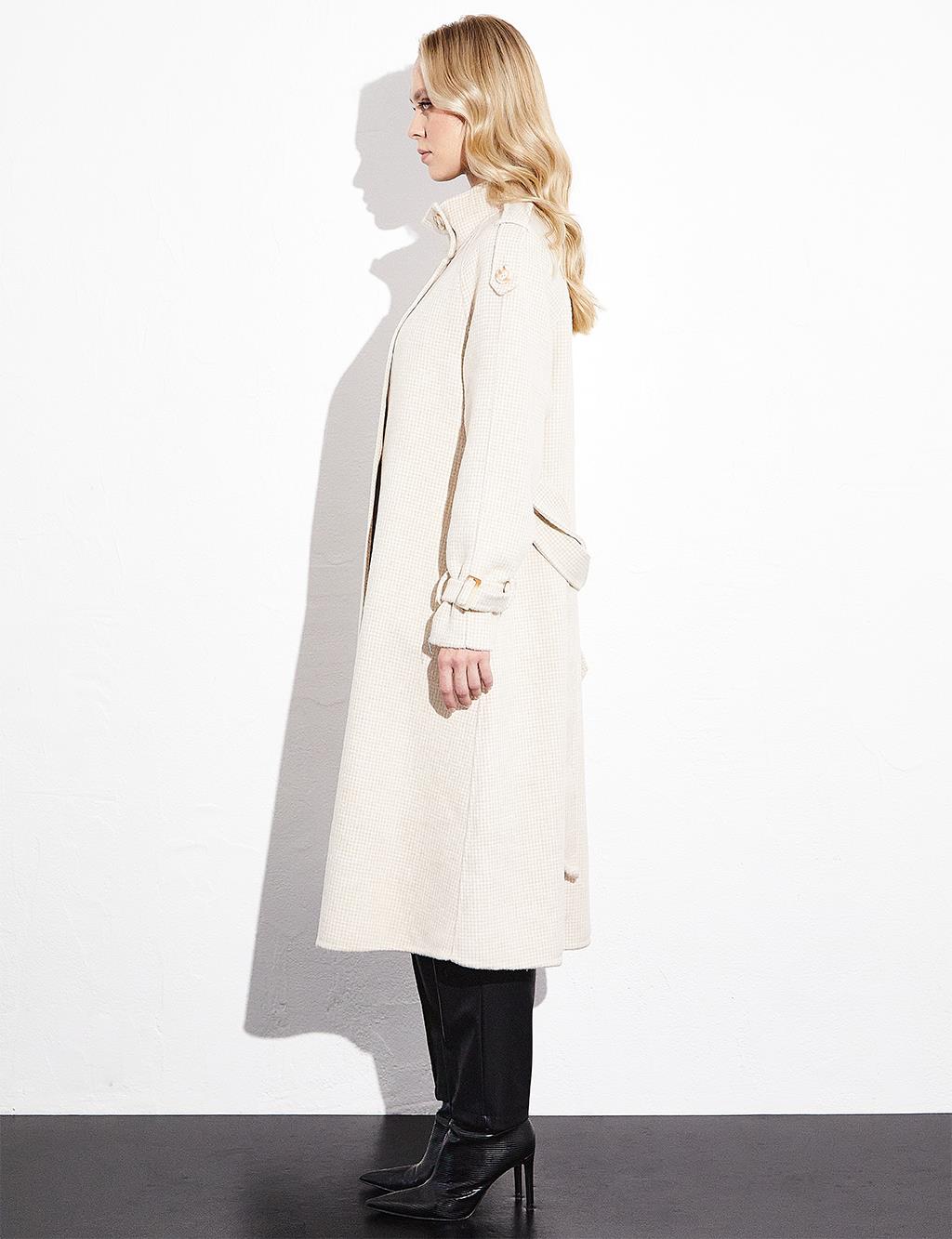 Premium High Collar Double Breasted Belted Stash Coat Cream