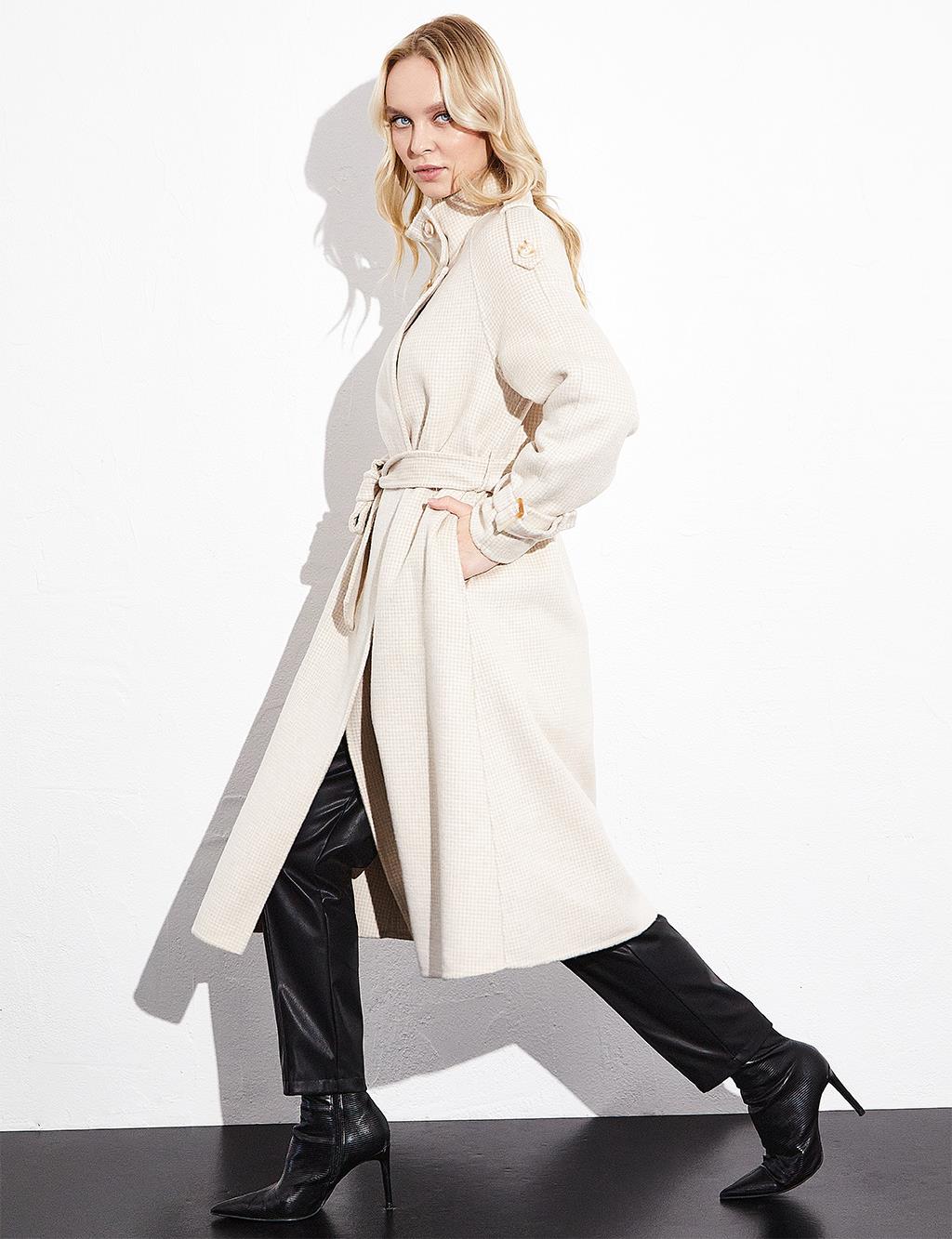 Premium High Collar Double Breasted Belted Stash Coat Cream