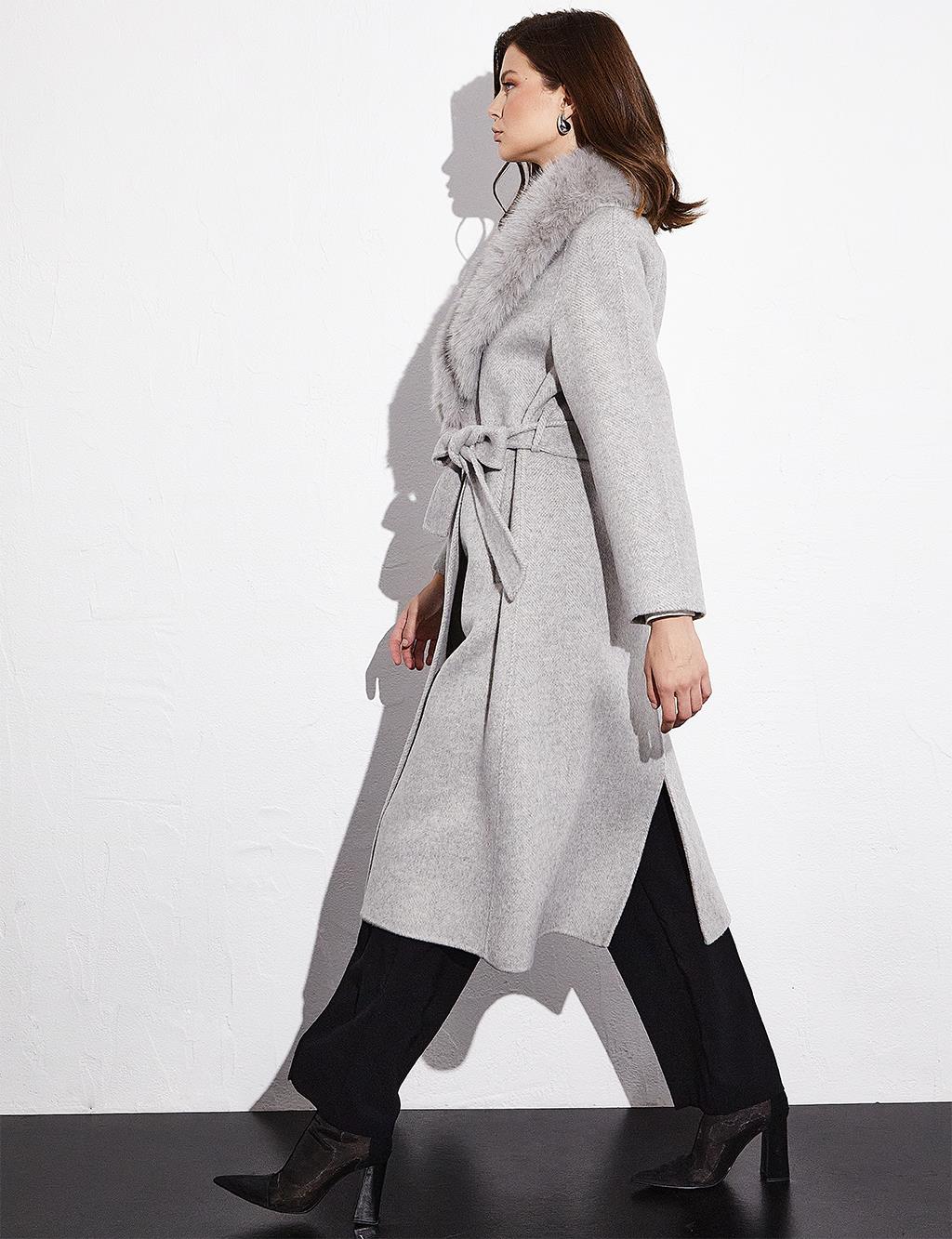 Premium Alpaca Wool Fur-Trimmed Herringbone Pattern Coat Grey