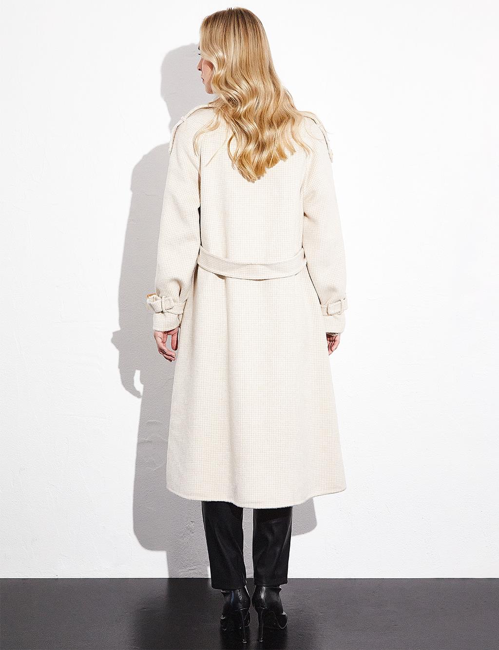 Premium High Collar Double Breasted Belted Stash Coat Cream