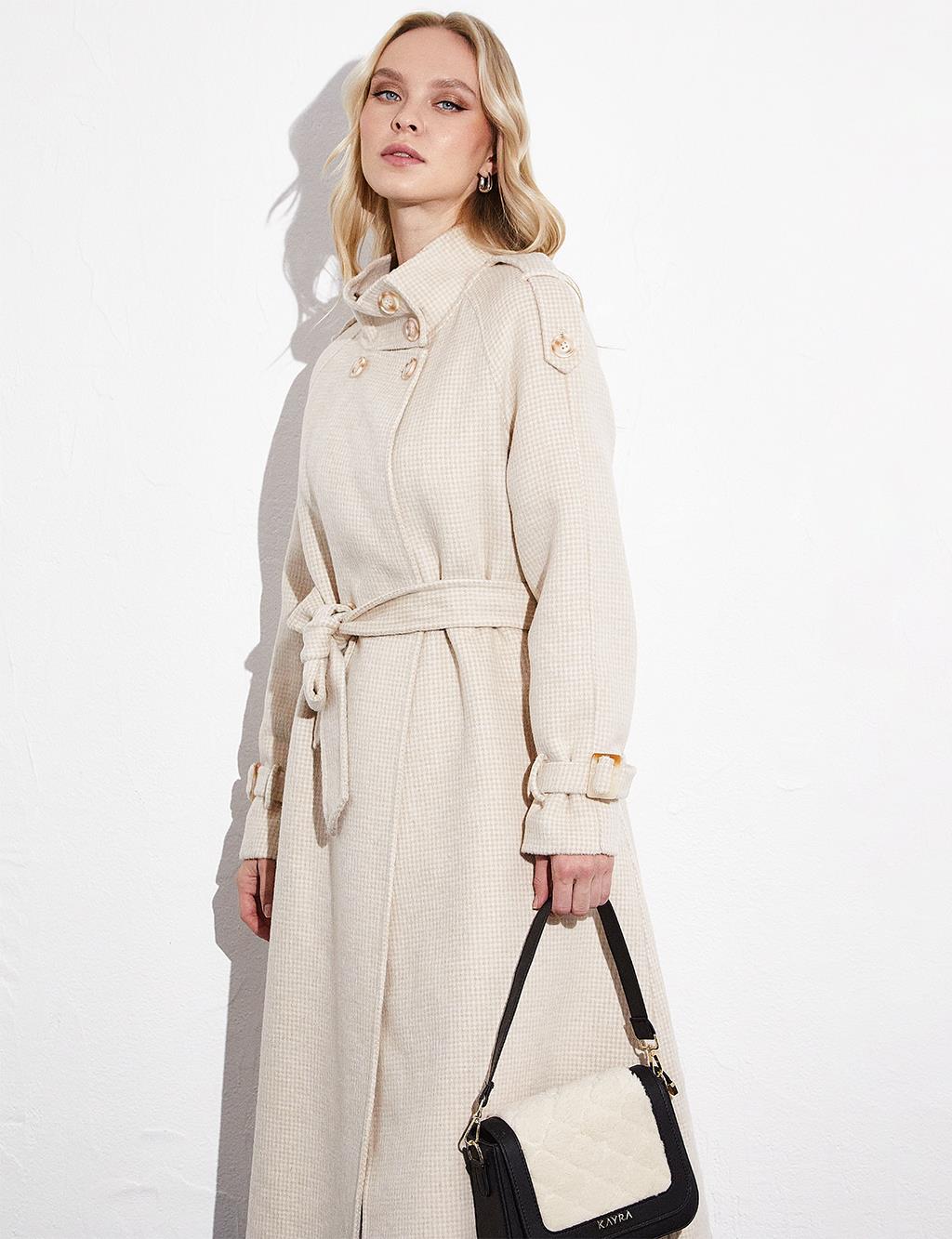 Premium High Collar Double Breasted Belted Stash Coat Cream
