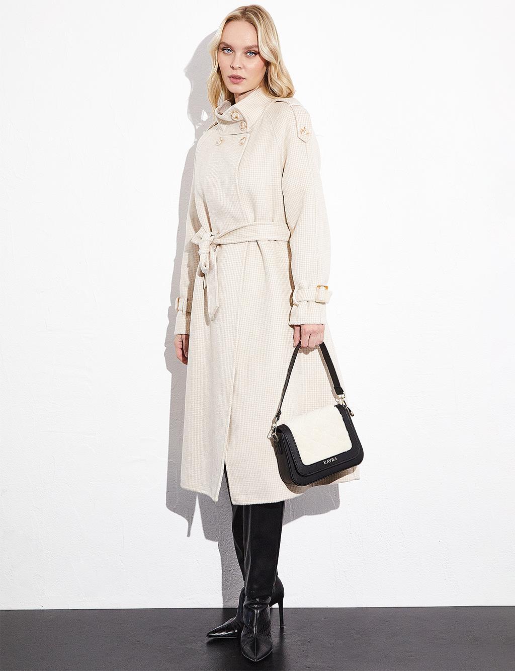 Premium High Collar Double Breasted Belted Stash Coat Cream