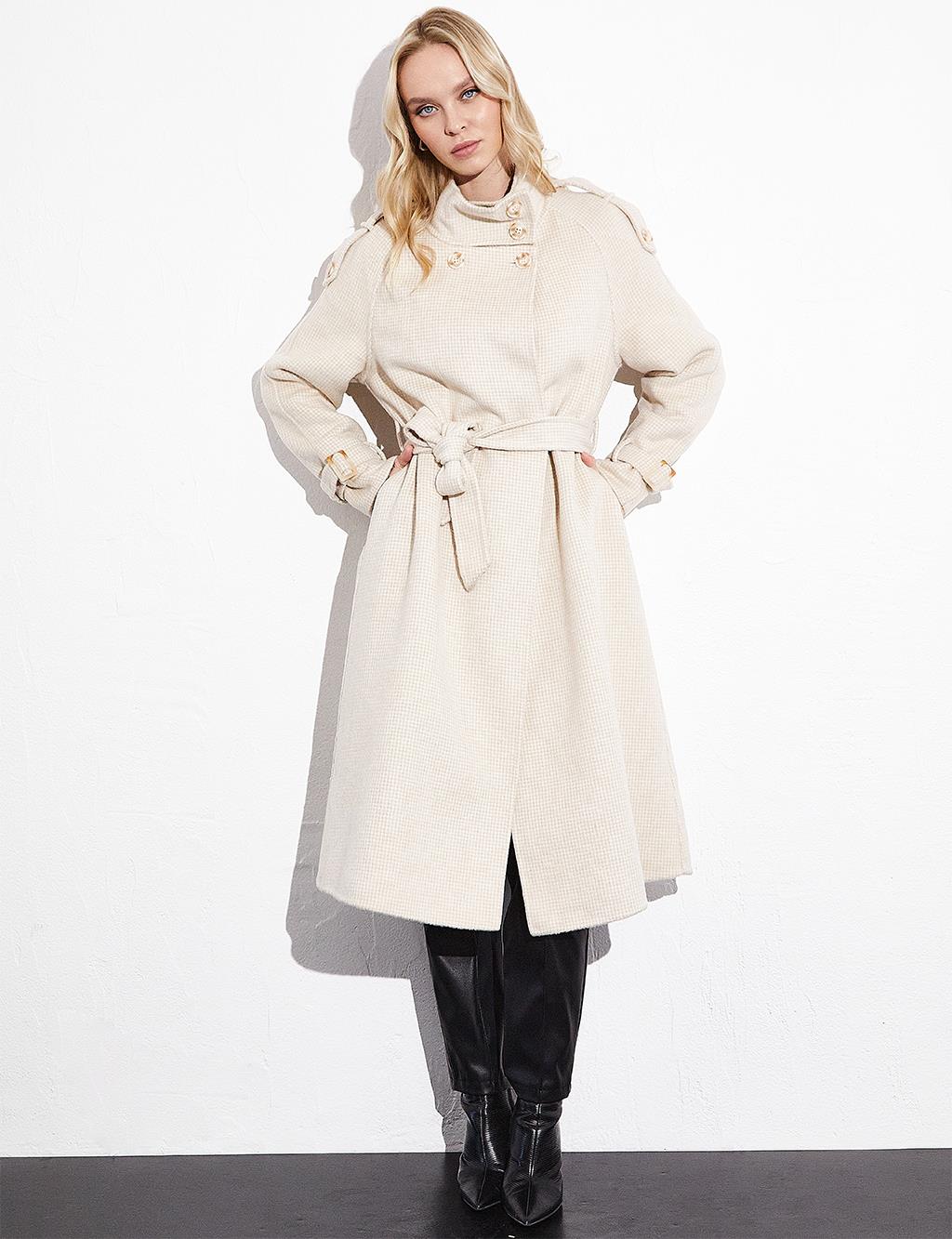 Premium High Collar Double Breasted Belted Stash Coat Cream