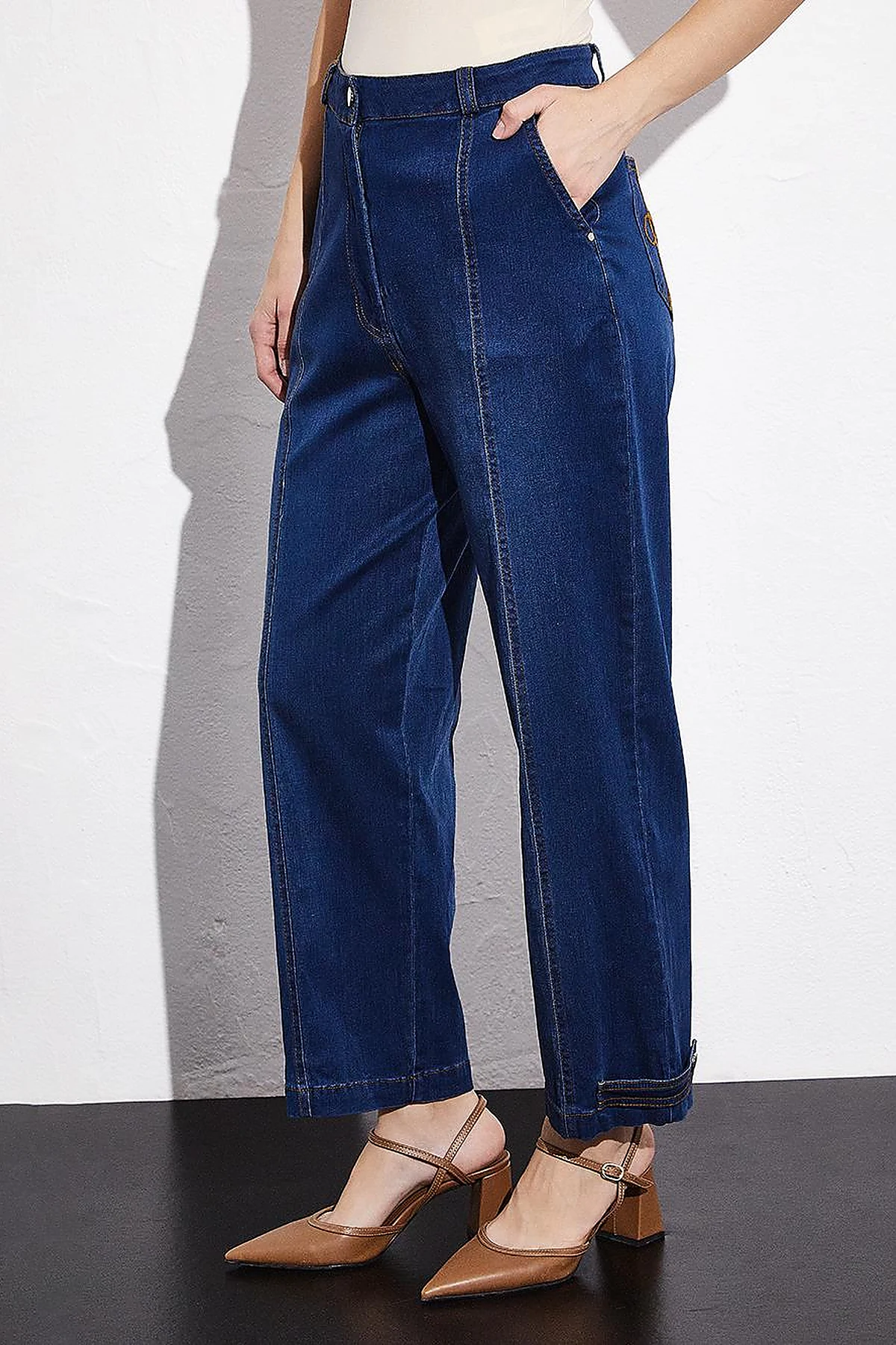 Stitching Detailed Epaulette Denim Trousers Navy Blue