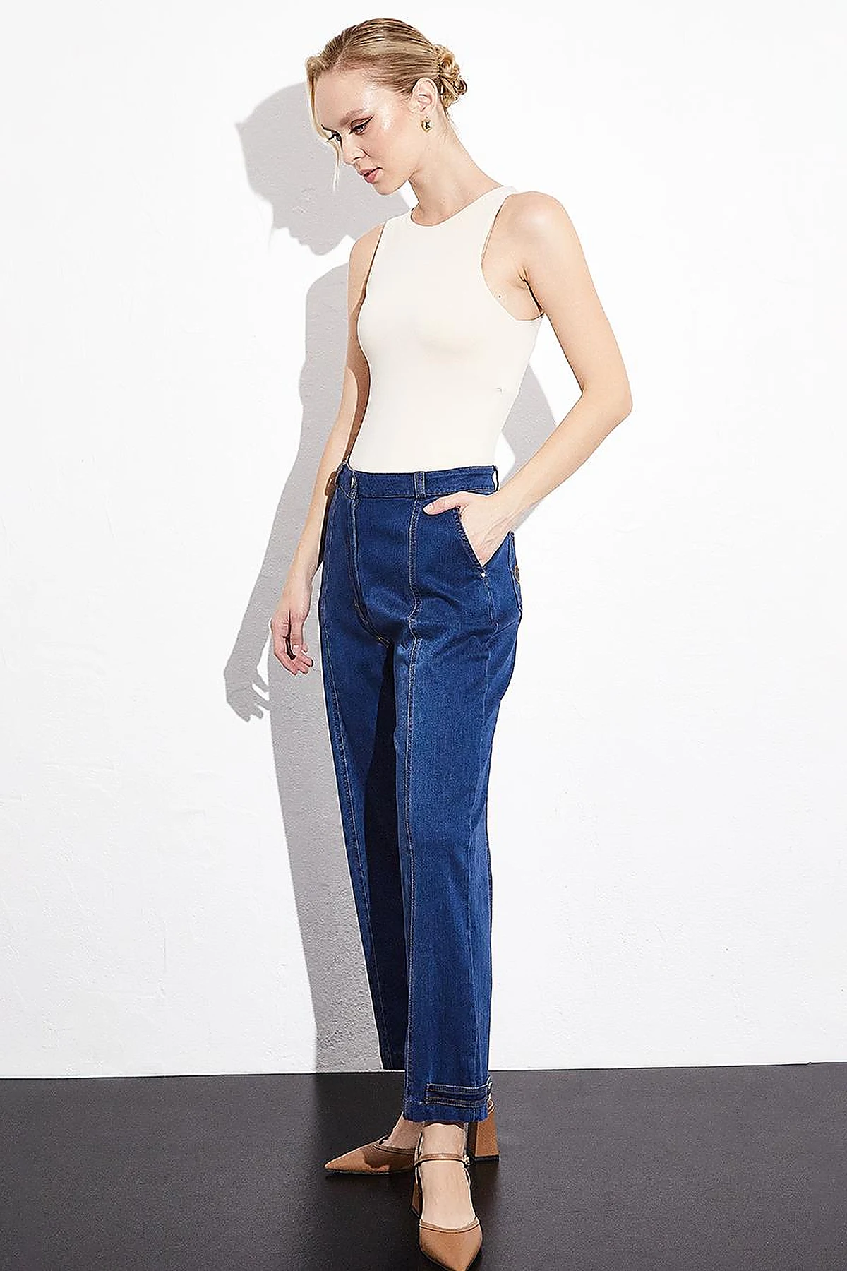 Stitching Detailed Epaulette Denim Trousers Navy Blue
