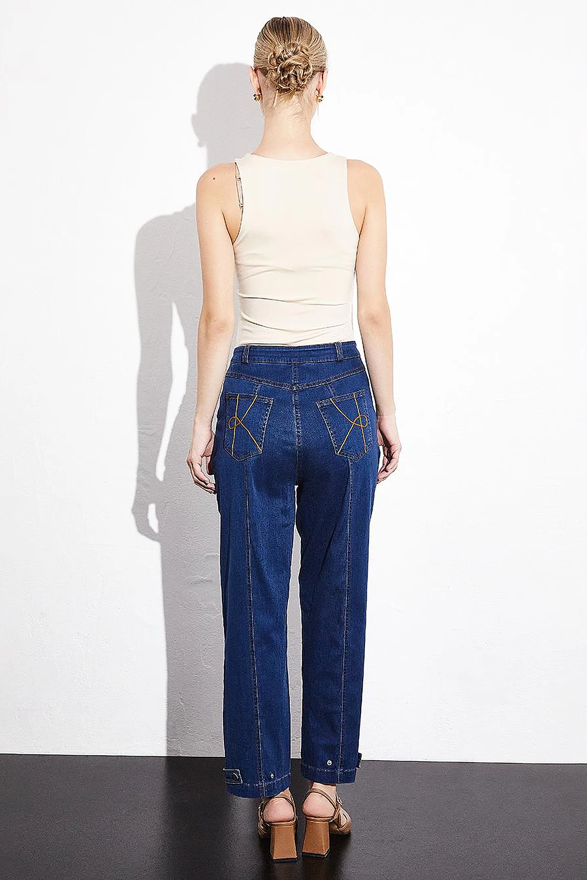 Stitching Detailed Epaulette Denim Trousers Navy Blue