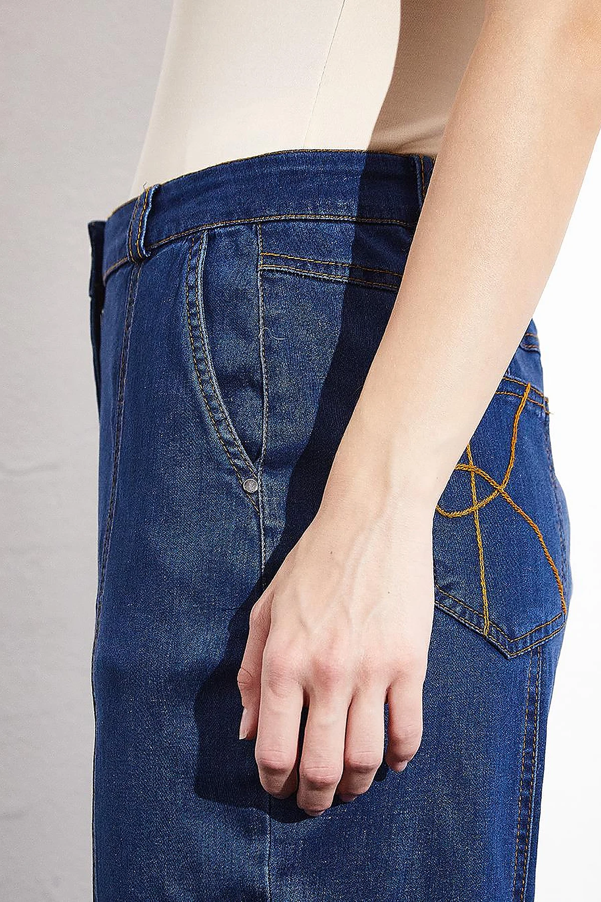 Stitching Detailed Epaulette Denim Trousers Navy Blue