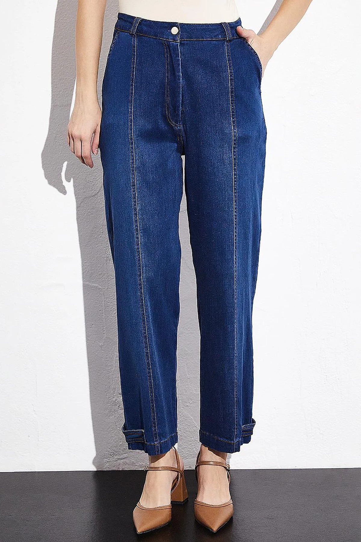 Stitching Detailed Epaulette Denim Trousers Navy Blue