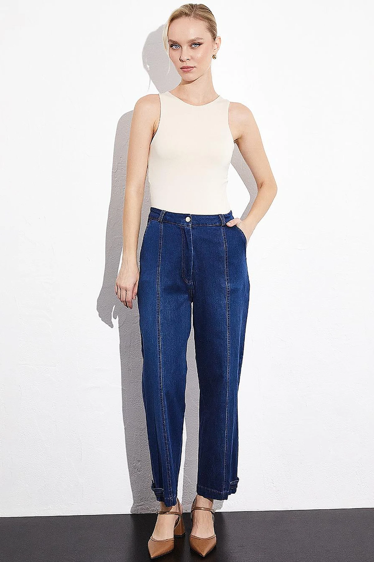 Stitching Detailed Epaulette Denim Trousers Navy Blue