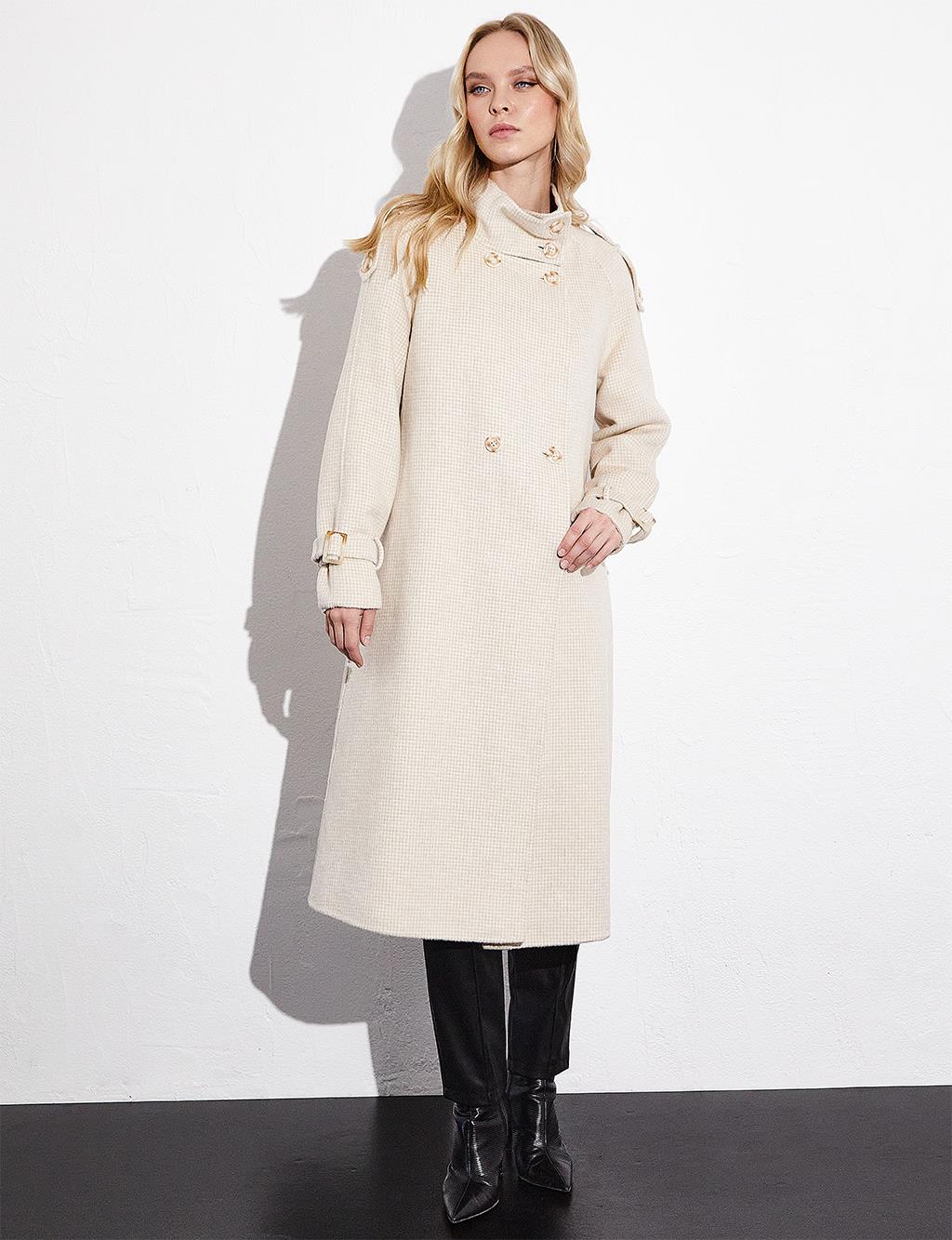 Premium High Collar Double Breasted Belted Stash Coat Cream