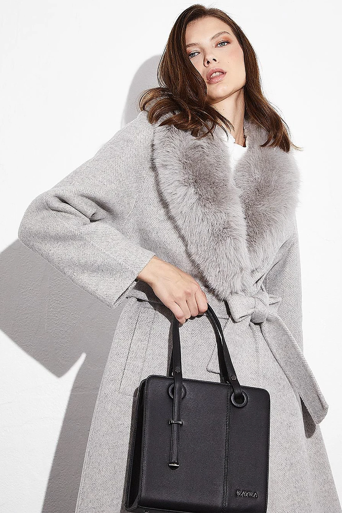 Premium Alpaca Wool Fur-Trimmed Herringbone Pattern Coat Grey