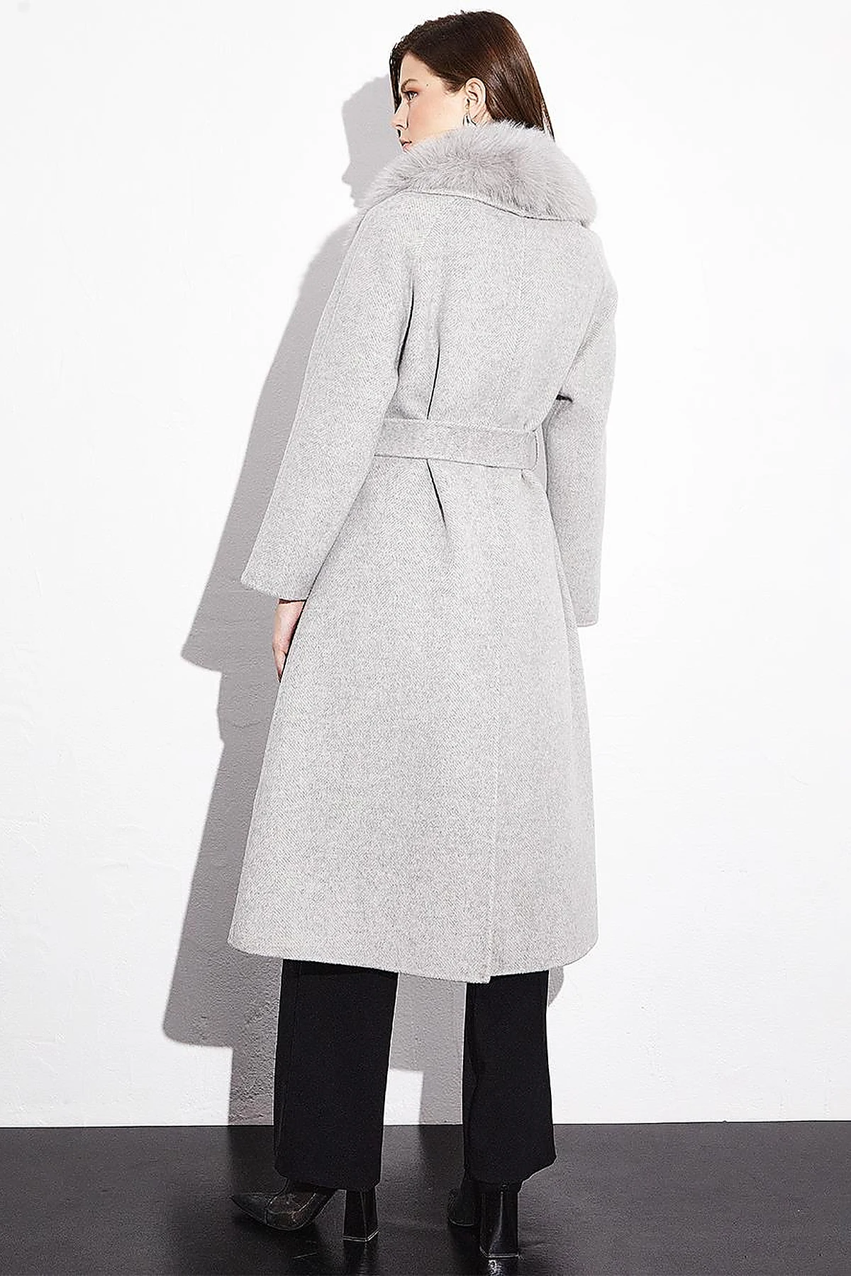 Premium Alpaca Wool Fur-Trimmed Herringbone Pattern Coat Grey