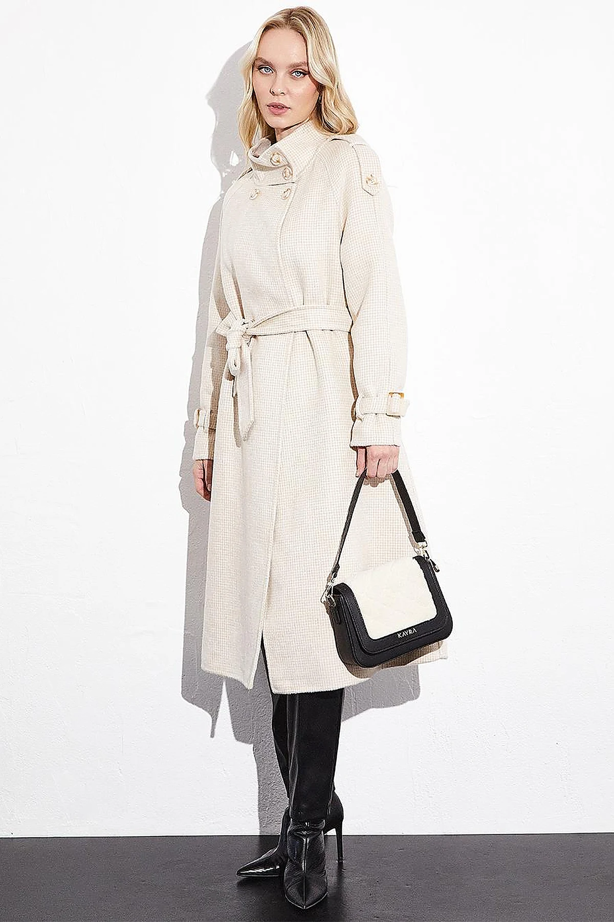 Premium High Collar Double Breasted Belted Stash Coat Cream