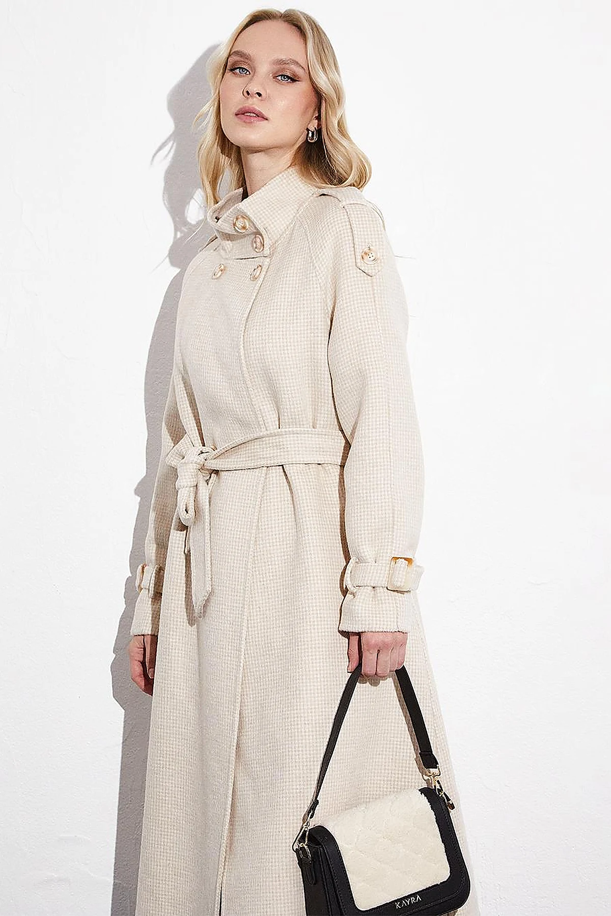 Premium High Collar Double Breasted Belted Stash Coat Cream