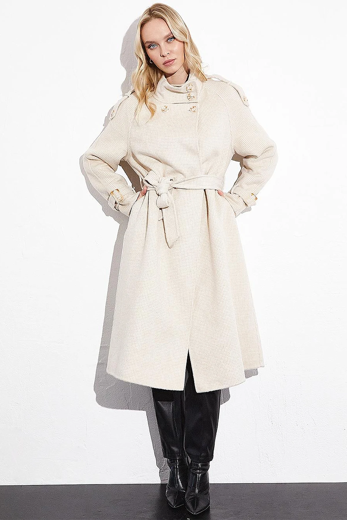 Premium High Collar Double Breasted Belted Stash Coat Cream