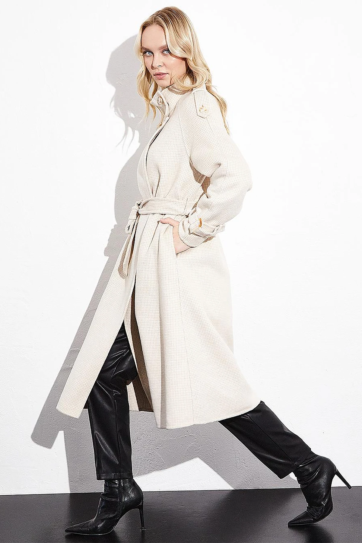 Premium High Collar Double Breasted Belted Stash Coat Cream