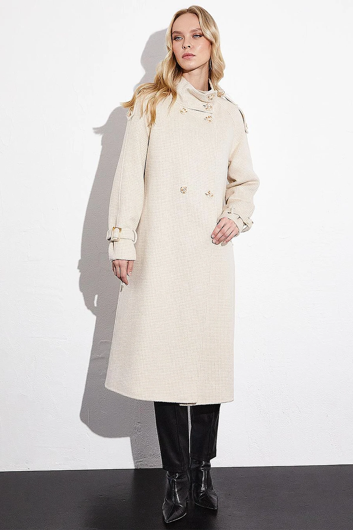 Premium High Collar Double Breasted Belted Stash Coat Cream