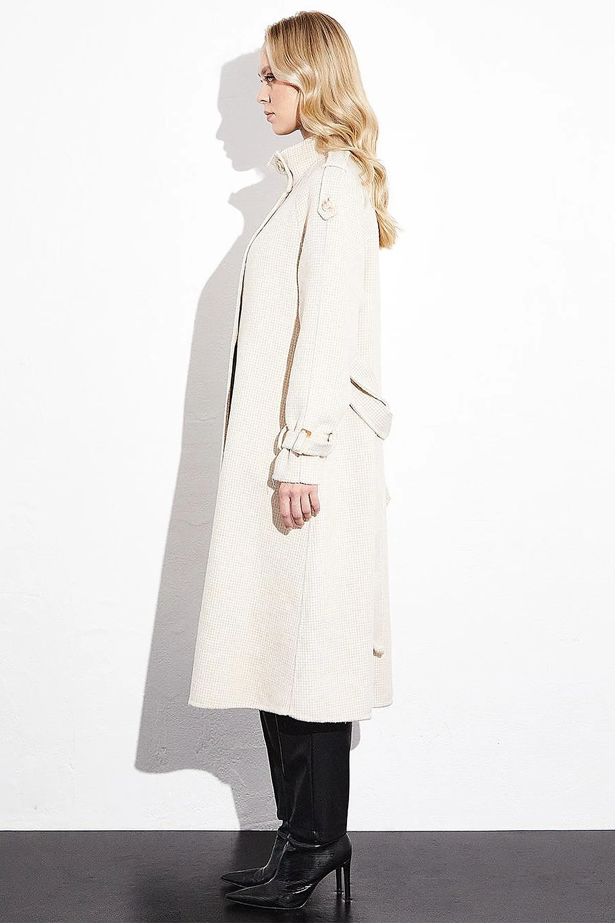 Premium High Collar Double Breasted Belted Stash Coat Cream