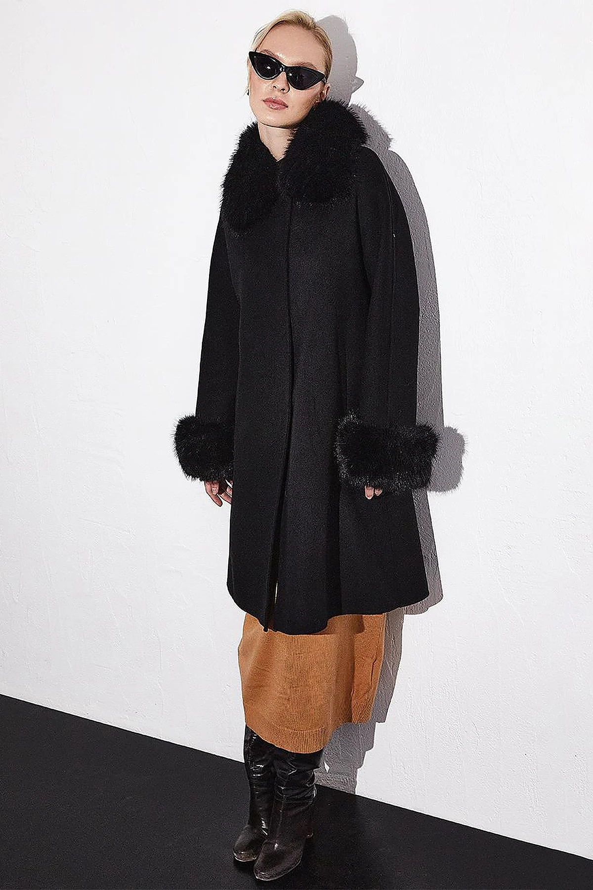 Premium Fur-Trimmed Coat Black