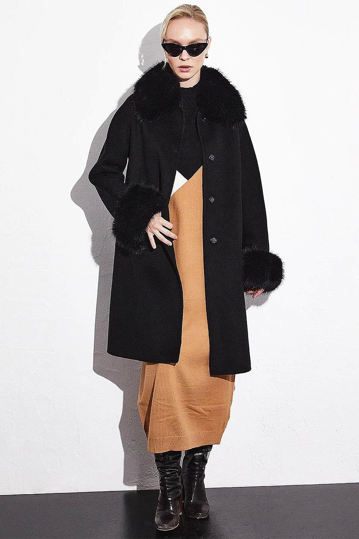 Premium Fur-Trimmed Coat Black