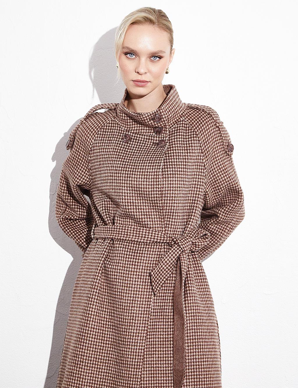 Premium Wool Stand Collar Belted Coat Chestnut