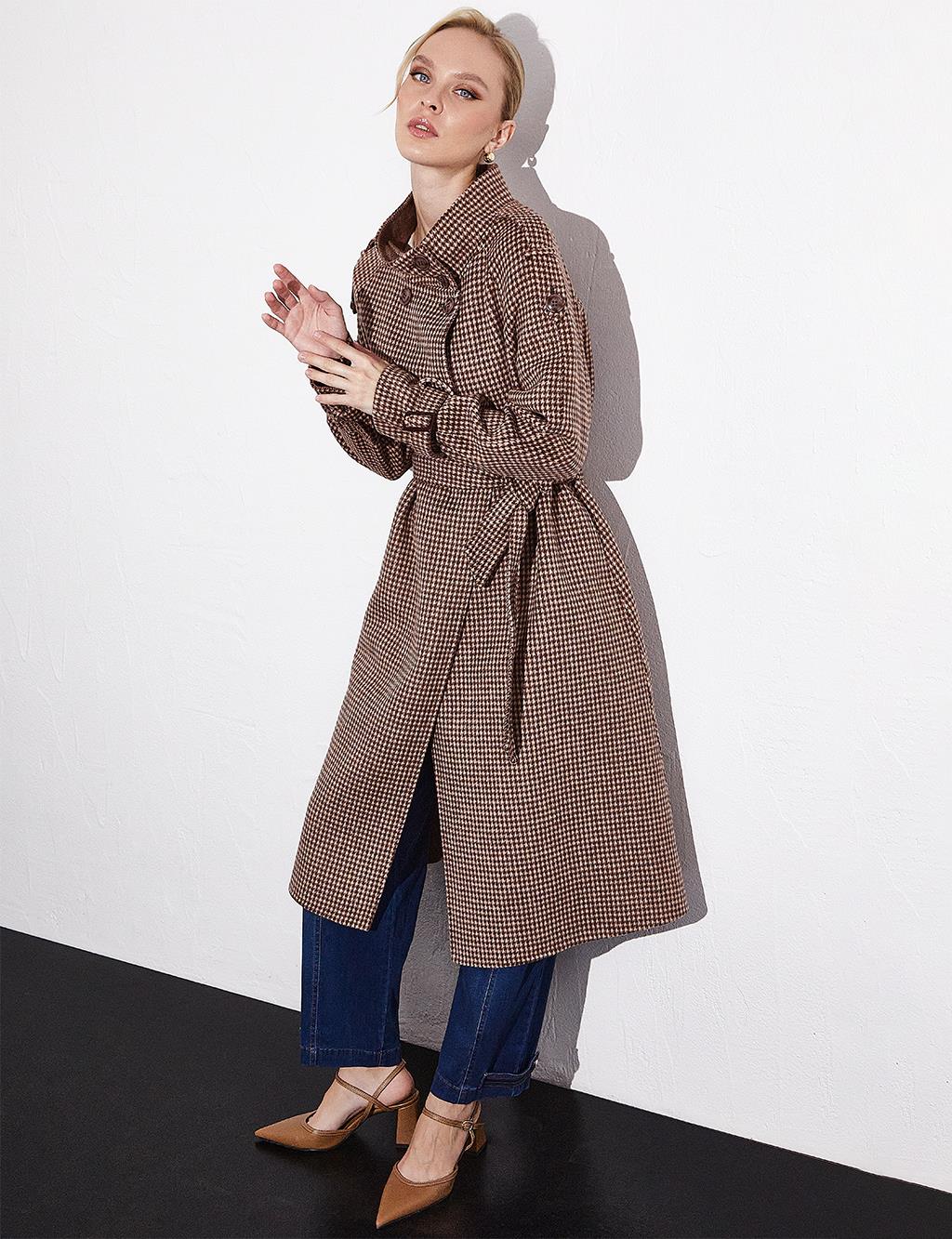 Premium Wool Stand Collar Belted Coat Chestnut