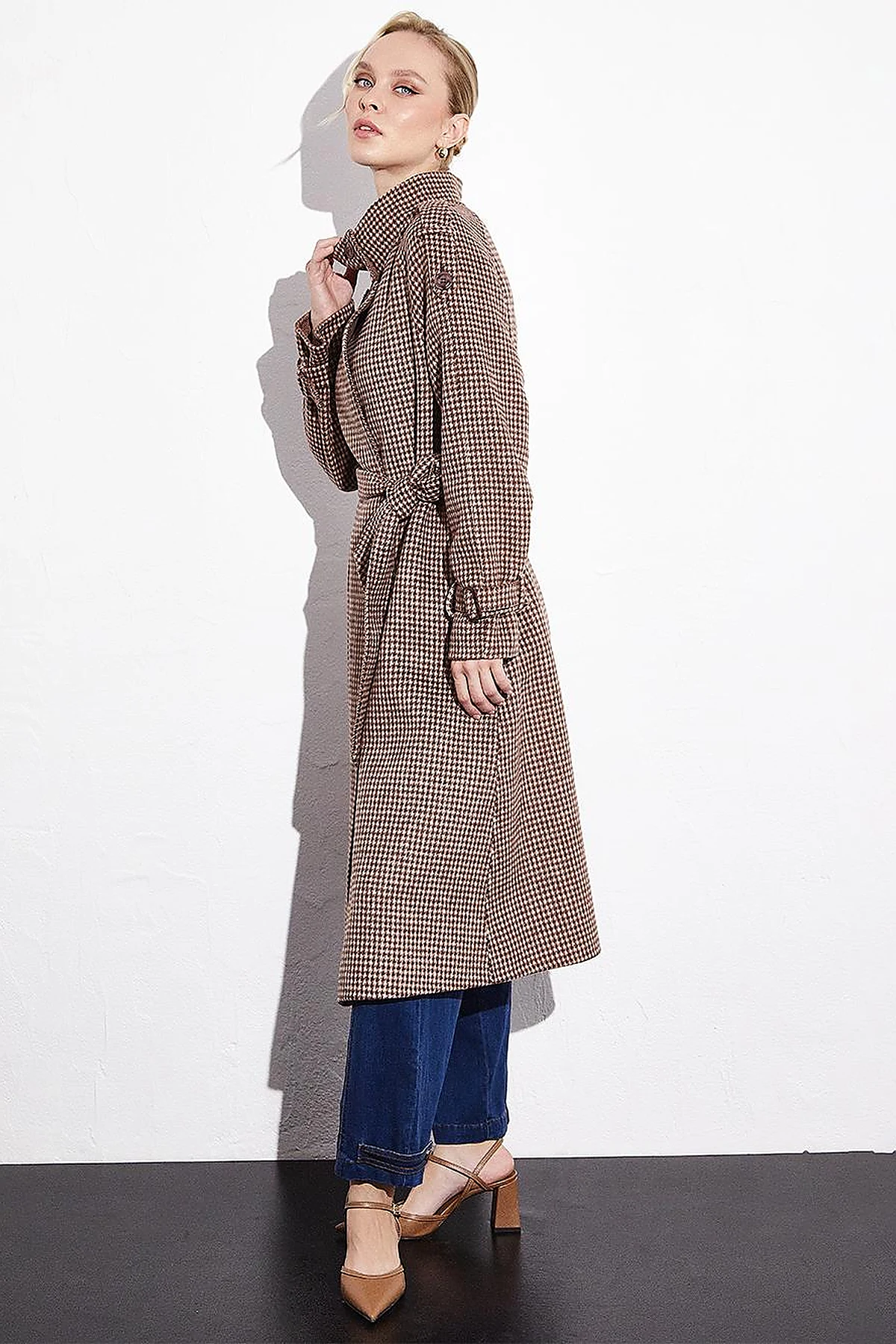 Premium Wool Stand Collar Belted Coat Chestnut