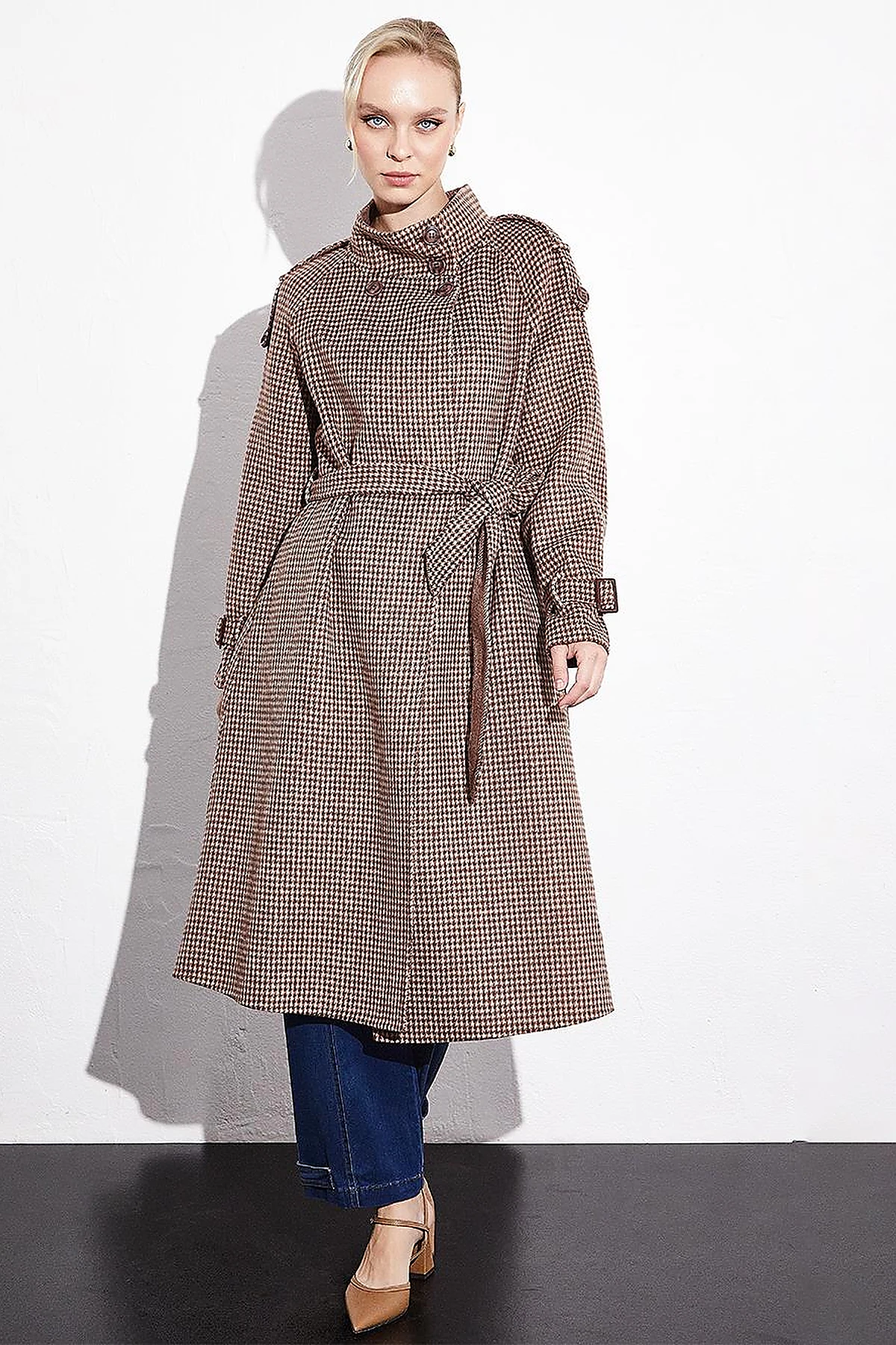 Premium Wool Stand Collar Belted Coat Chestnut