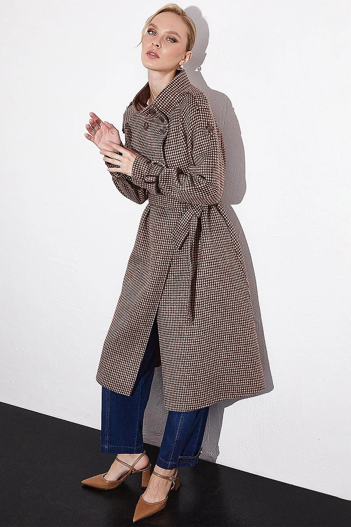 Premium Wool Stand Collar Belted Coat Chestnut