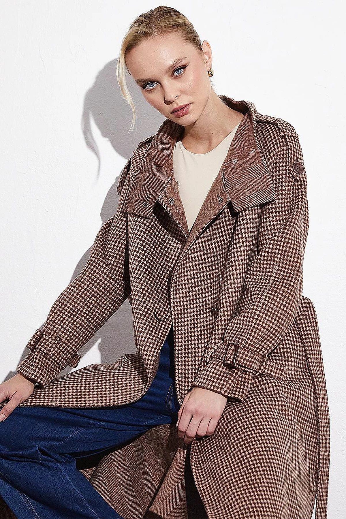 Premium Wool Stand Collar Belted Coat Chestnut