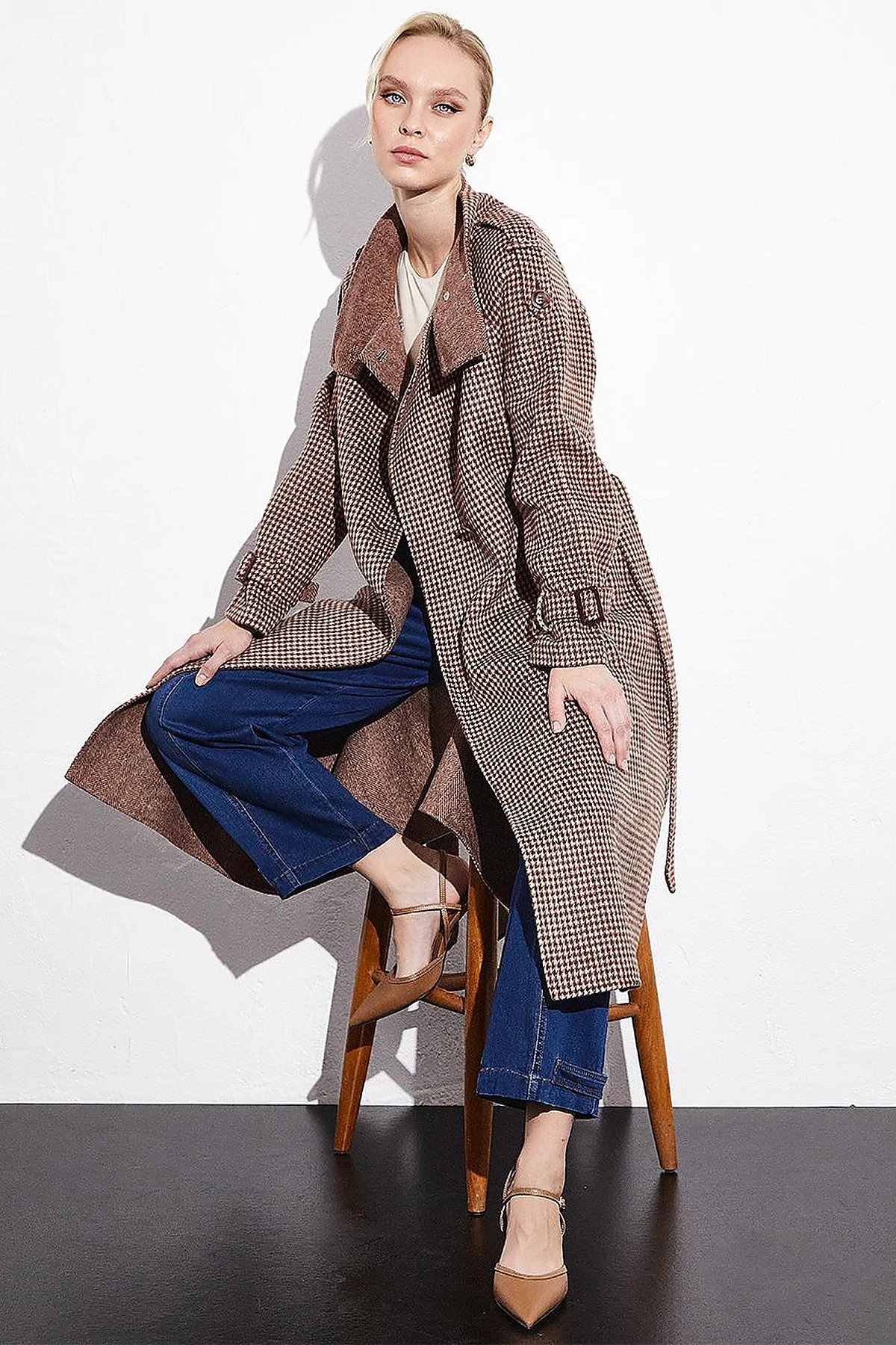 Premium Wool Stand Collar Belted Coat Chestnut
