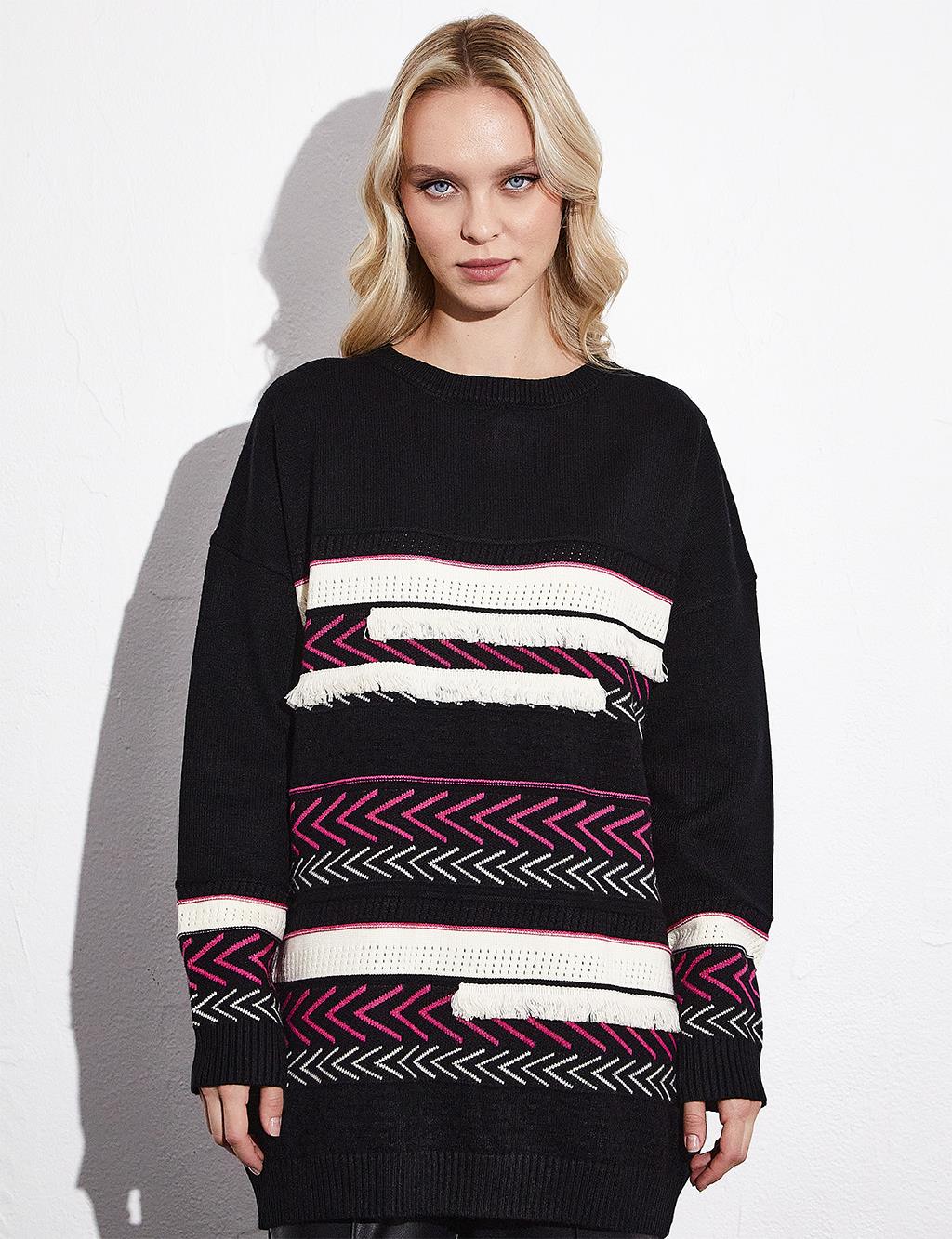 Exclusive Mixed Patterned Fringed Knitwear Tunic Black