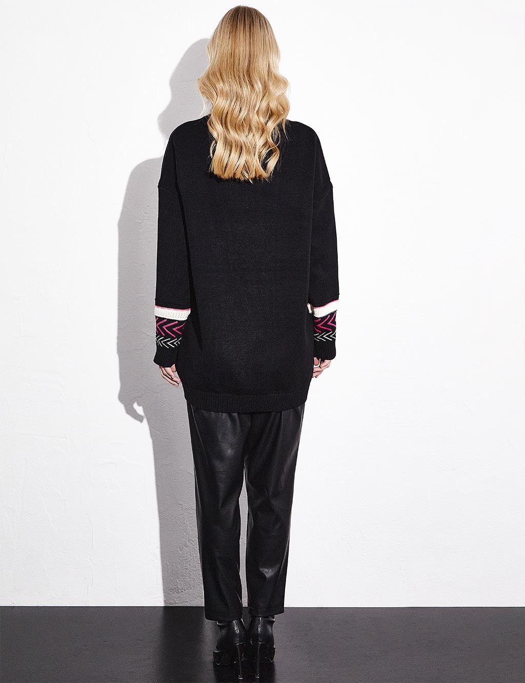 Exclusive Mixed Patterned Fringed Knitwear Tunic Black