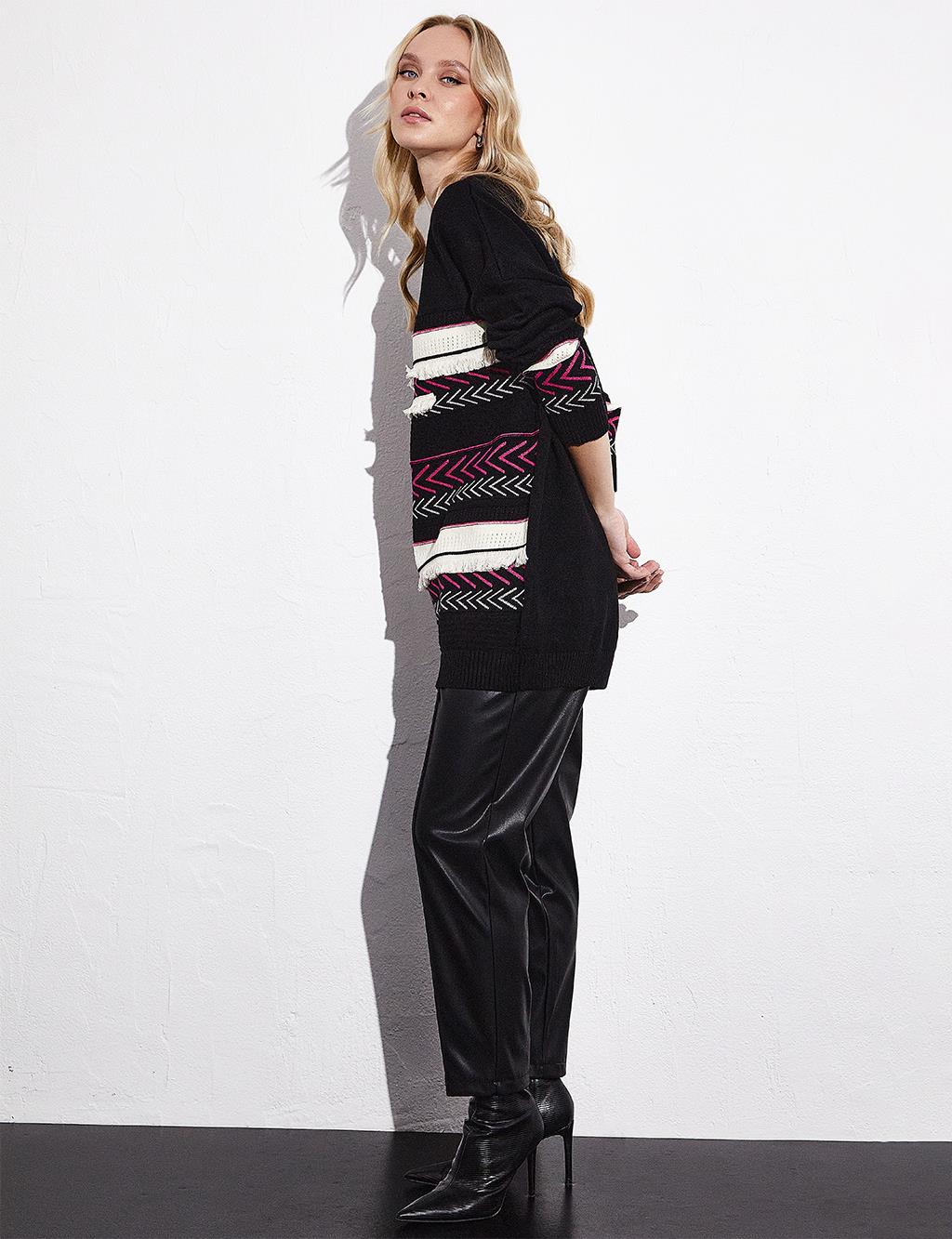 Exclusive Mixed Patterned Fringed Knitwear Tunic Black