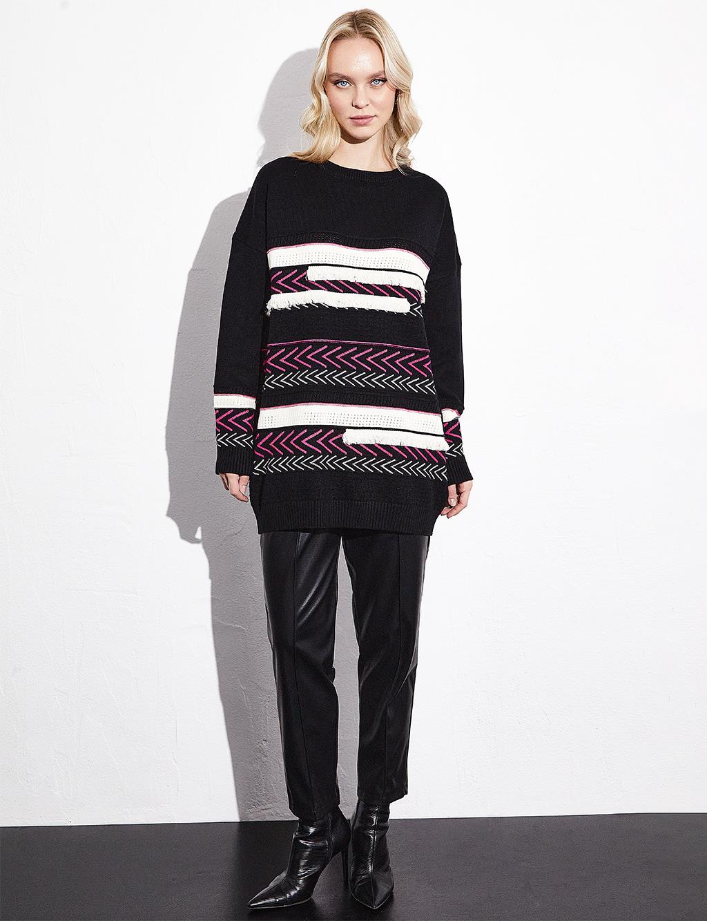 Exclusive Mixed Patterned Fringed Knitwear Tunic Black