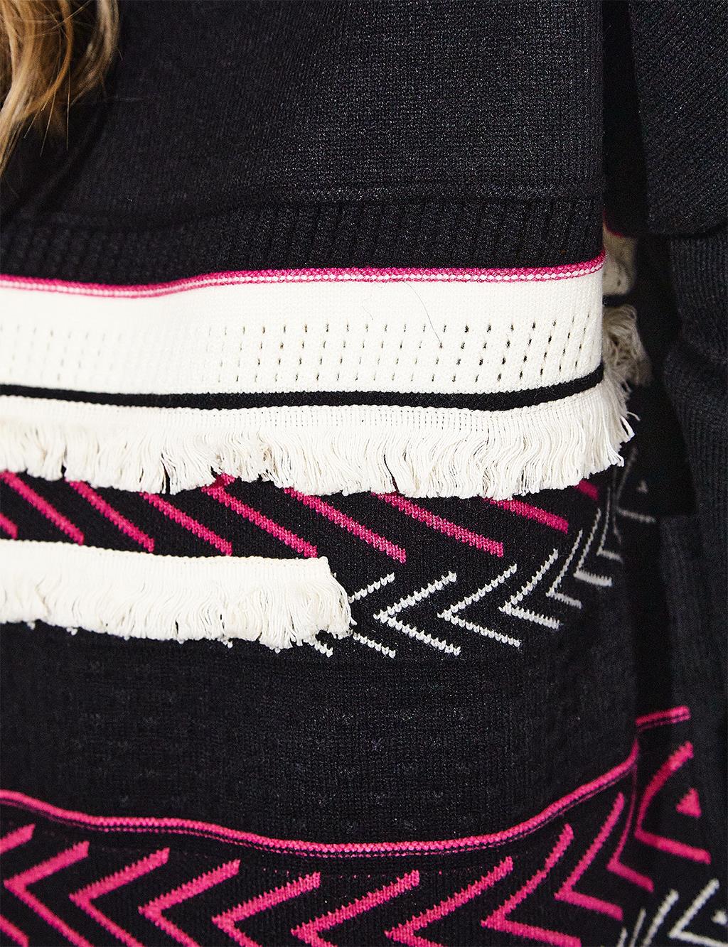 Exclusive Mixed Patterned Fringed Knitwear Tunic Black