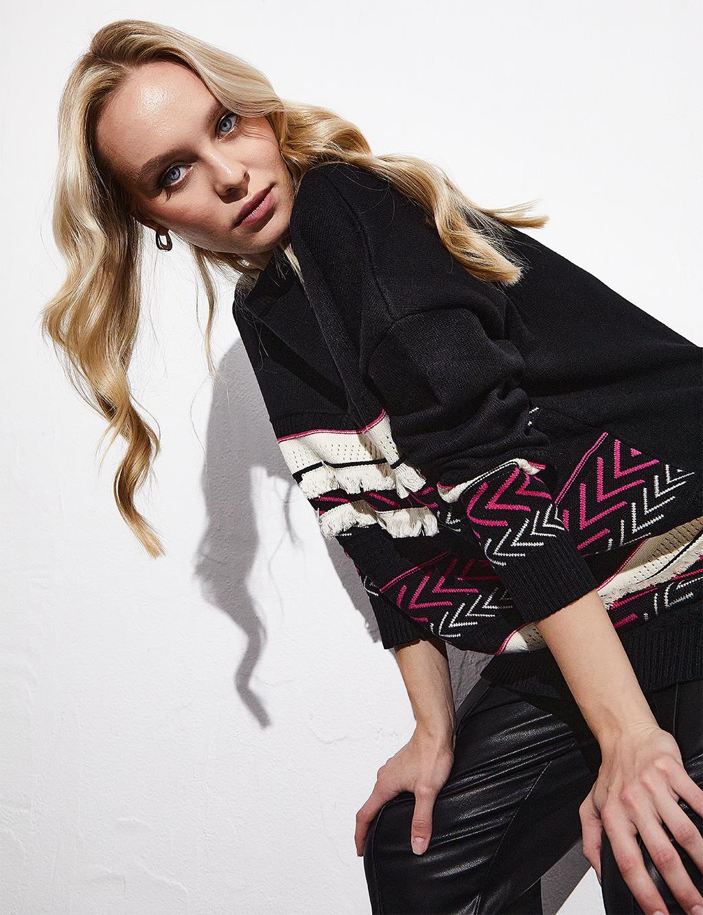 Exclusive Mixed Patterned Fringed Knitwear Tunic Black