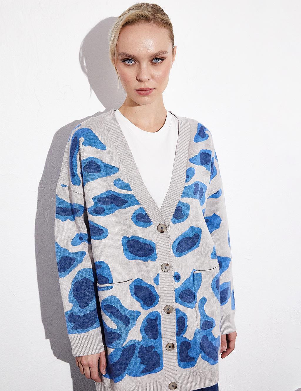 Exclusive Abstract Pattern Knit Cardigan Indigo