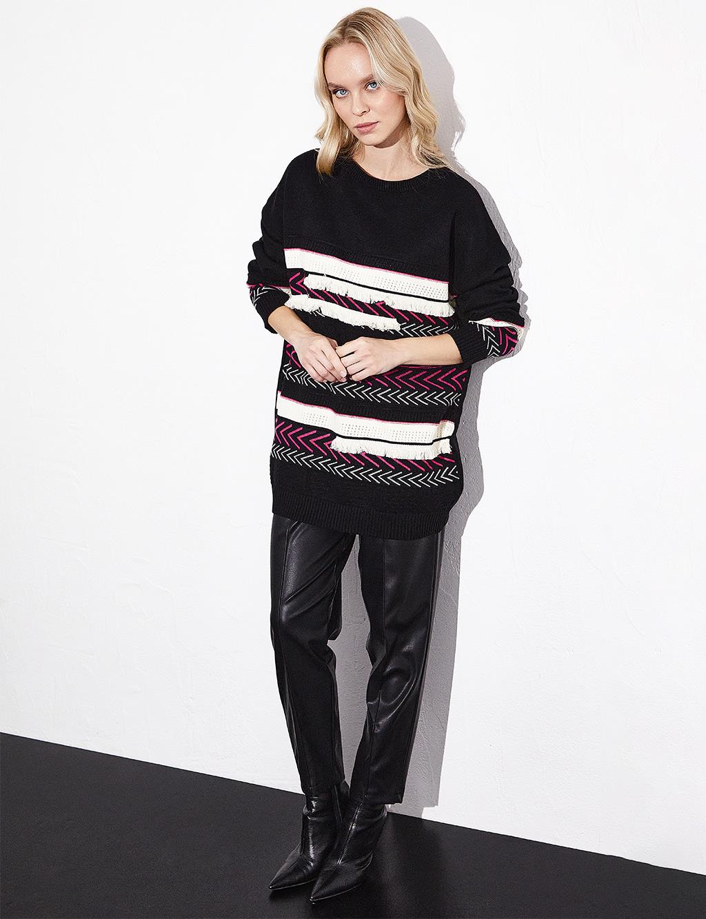 Exclusive Mixed Patterned Fringed Knitwear Tunic Black